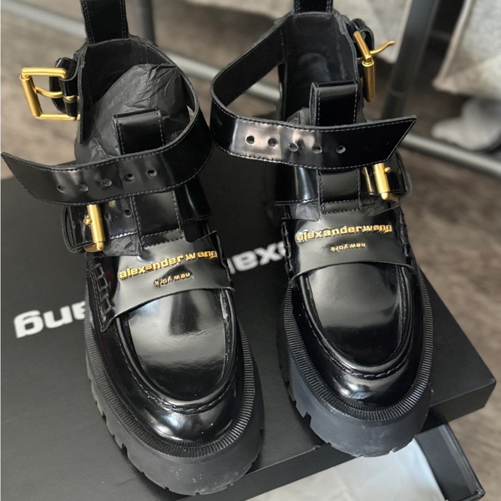 Alexander Wang Black Carter Lug Ankle Strap Boots